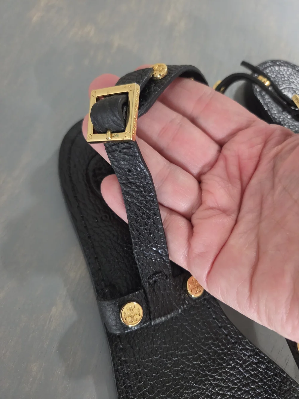 Tory BURCH Black Leather T-Strap Sandals with Gold Studs